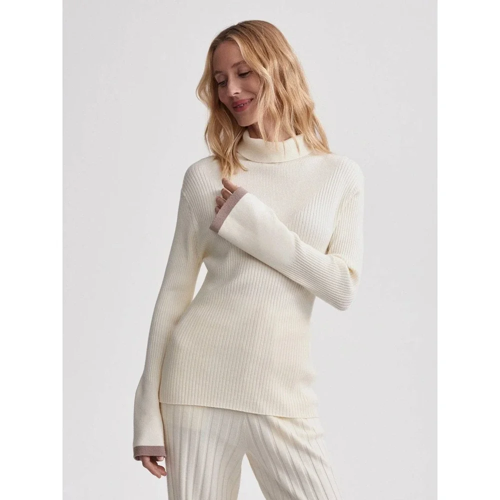 Varley Womens Ravena Rib Knit Turtleneck Top Sweater Cream Taupe Trim L Orig 128